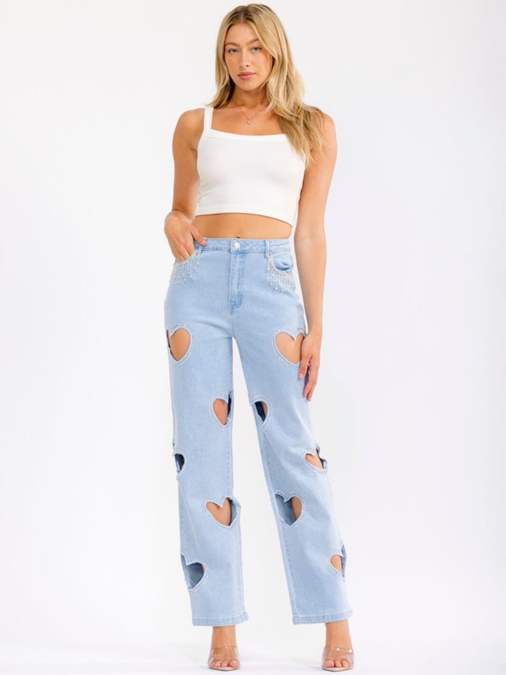 J55. Light Blue Heart-Cutout Straight Jeans - Picture 3 of 3
